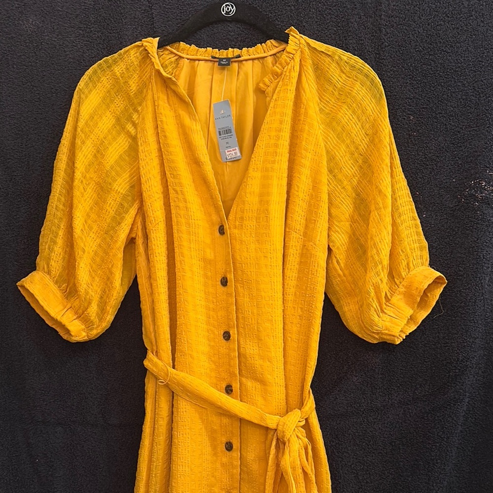 Ann Taylor Mustard Yellow Midi Dress with Waist Tie